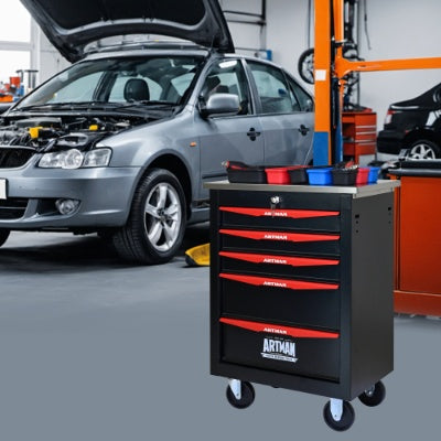 5 Drawers Multifunctional Tool Cart With Wheels,Metal Rolling Tool Cart Storage For Garage Workshop Warehouse Repair Shop--With Stainless Steel Roof- BLACK RED