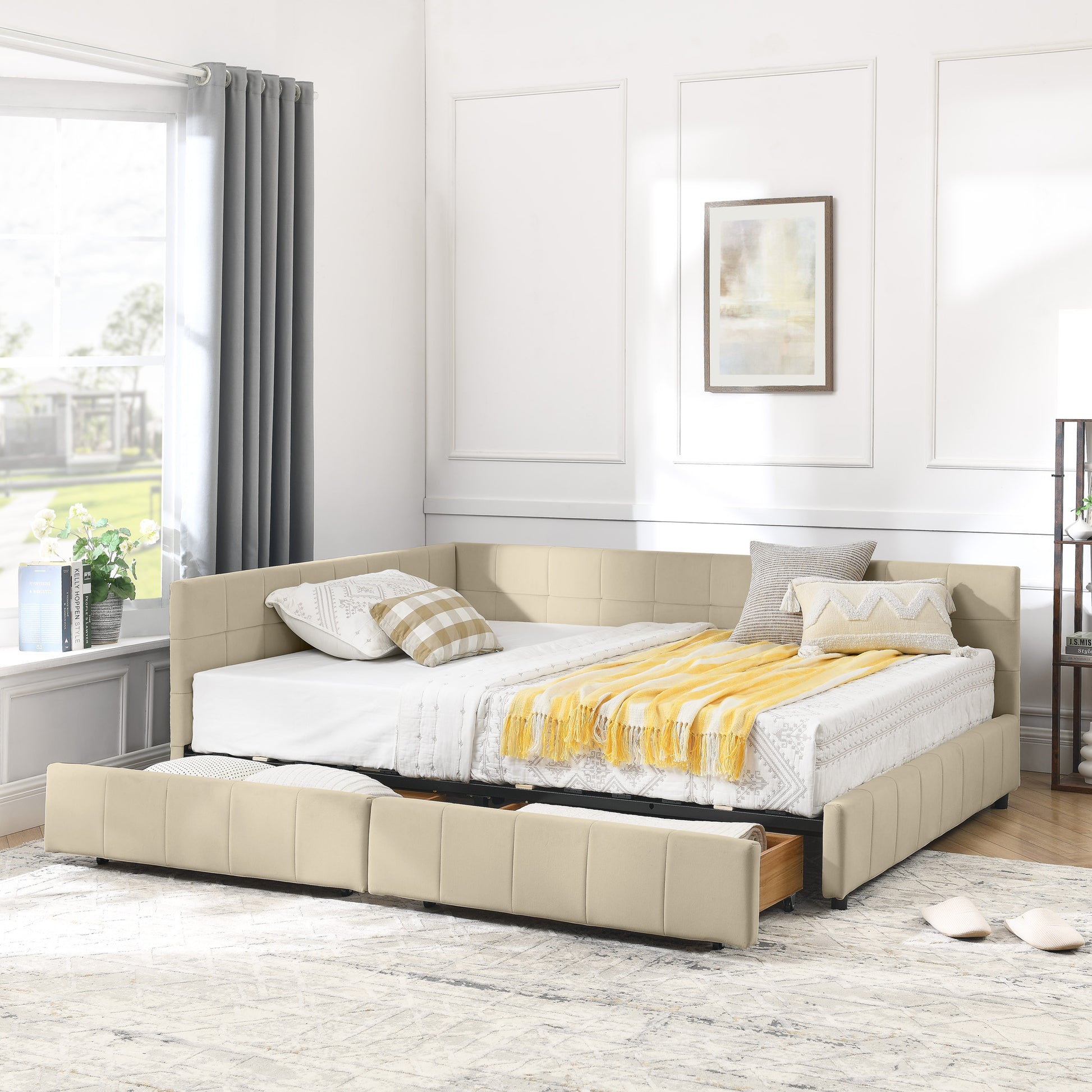 Full Size Storage Upholstered Tufted Bed Frame, Sofa Bed Frame With Comfortable Backrest And Armrests, Full Size Bed For Bedroom, Living Room,Velvet, BEIGE 80.5x59x29.5