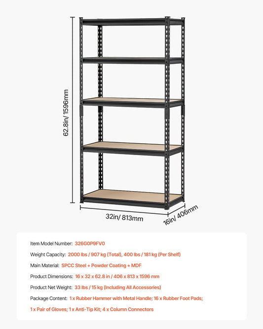 Storage Shelves 16 D X 32 W X 62.8 H 5-tier Garage Storage Shelving