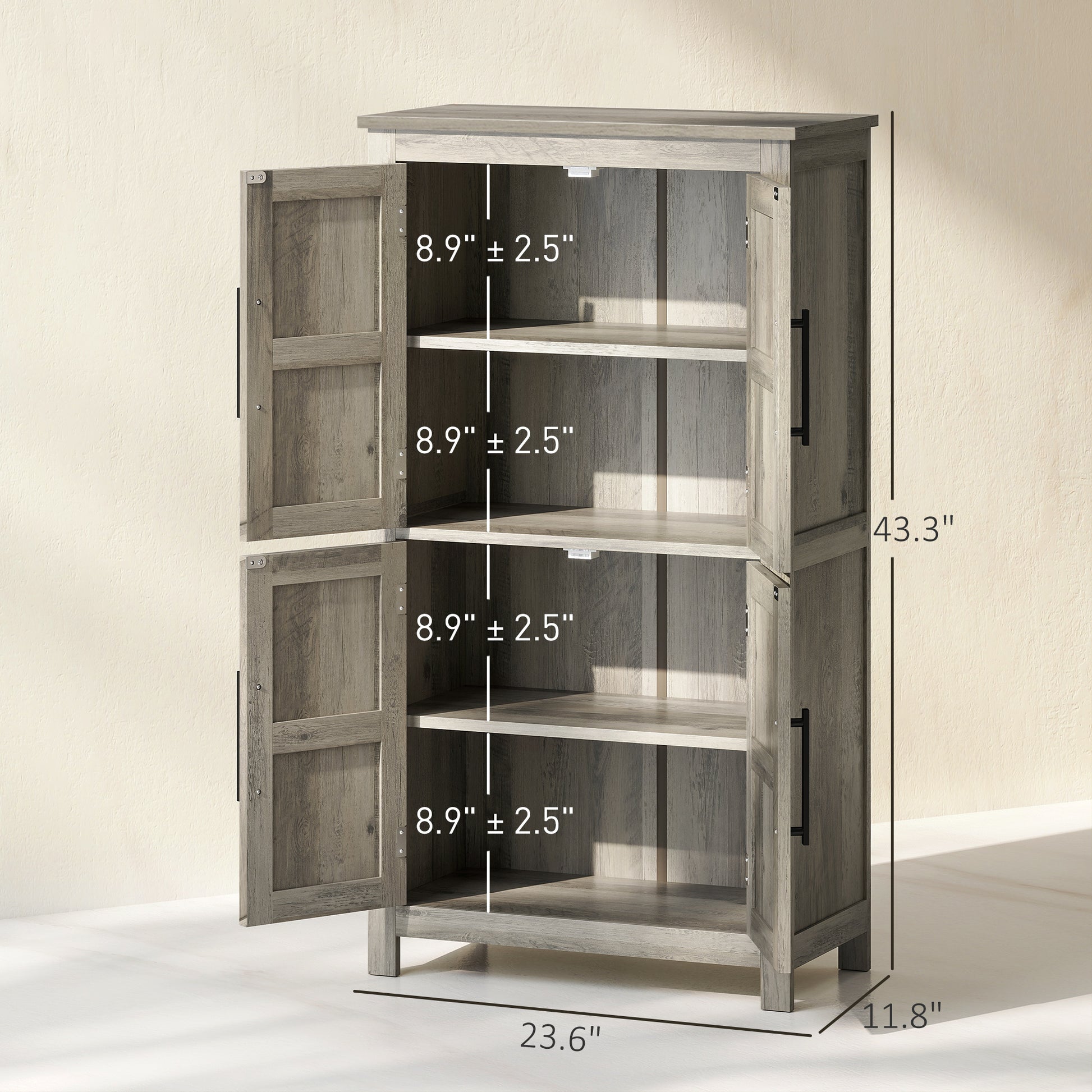Bathroom Floor Storage Cabinet, Farmhouse Bathroom Cabinet with 4 Doors and Adjustable Shelf, Light Gray