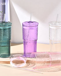 20 Oz 2-pack Glass Straw Cup With Vertical Pattern Cup And Lid, High Borosilicate Heat-resistant Glass Cup For Juice, Milk And Cold Drinks