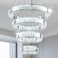 4 Ring Modern Long Crystal Pendant Chandelier for High Ceilings Warm White