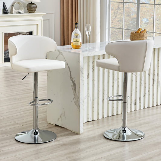 Modern Rotating Adjustable Bar Chair, PU Leather Belt Backrest Swivel Chair, Suitable For Kitchen Bar Counter And Dining Room, Adjustable Height, Capable Of Bearing 300 Pounds  White -2 Pieces