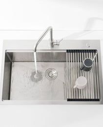 Stainless Steel Kitchen Sink,Single Bowl, Overmount Handmade Sink In Brushed, With Cutting Board, Colander, Grid, LS-SSBR01