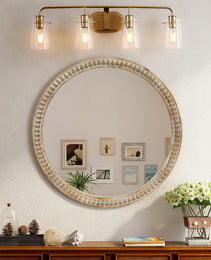 Round Decorative Wall Mirror, 23.62  Distressed Wood Beaded Frame Mirror For Entryway, Living Room, Bathroom, Farmhouse Style Accent Mirror
