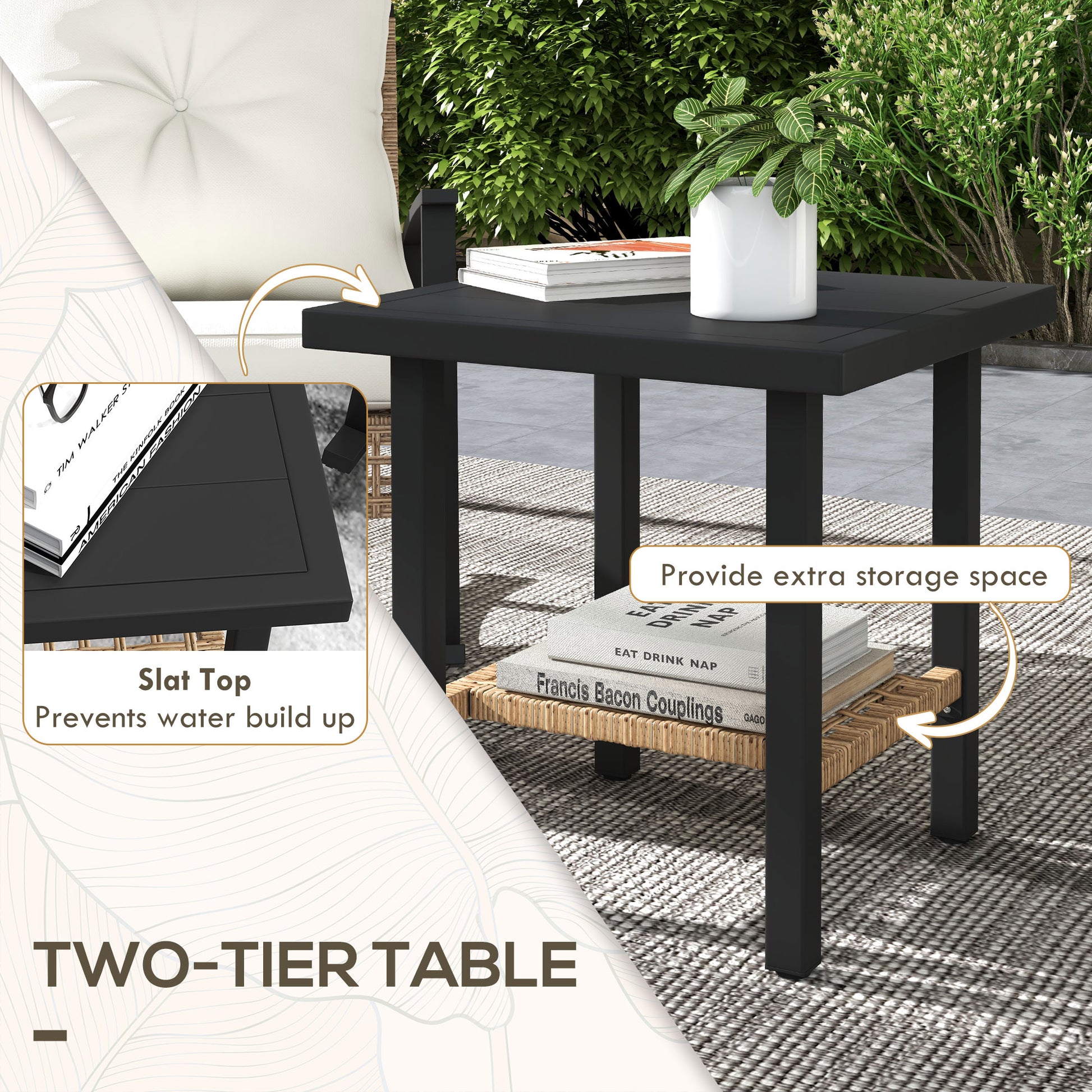 3 Pieces Bistro Set, Patio Wicker Furniture Set With Button Tufted Cushions, Rattan Rocking Chairs, Coffee Table, White