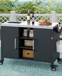 K&K 55.5  Outdoor Kitchen Island With Sink, Metal Grill Cart Table With 304 Stainless Steel Sink, Outdoor Bar Cart Sink Station With 4 Lockable Wheels For Pizza Prep & BBQ, L 55.5  X W 20  H 36.7