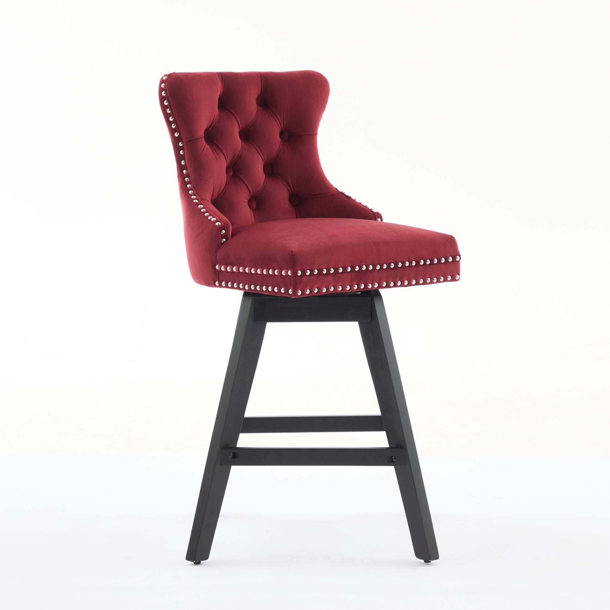 Swivel Velvet Barstools With Button Tufted Decoration And Wooden Legs, And Chrome Nailhead Trim, Leisure Style Bar Chairs,Bar Stools, Set Of 2 Wine Red