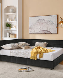 Queen Size Upholstered Tufted Bed Frame, Sofa Bed Frame With Comfortable Backrest And Armrests, Queen Size Bed For Bedroom, Living Room,Velvet, BLACK 85.5x64.5x30.5