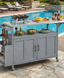 Foldable Outdoor Kitchen Island Patio Mobile Kitchen Cart Portable Outdoor Cooking Island With Lockable Wheels, Storage Cabinet And Towel Rack For Patio And Outdoor, Grey