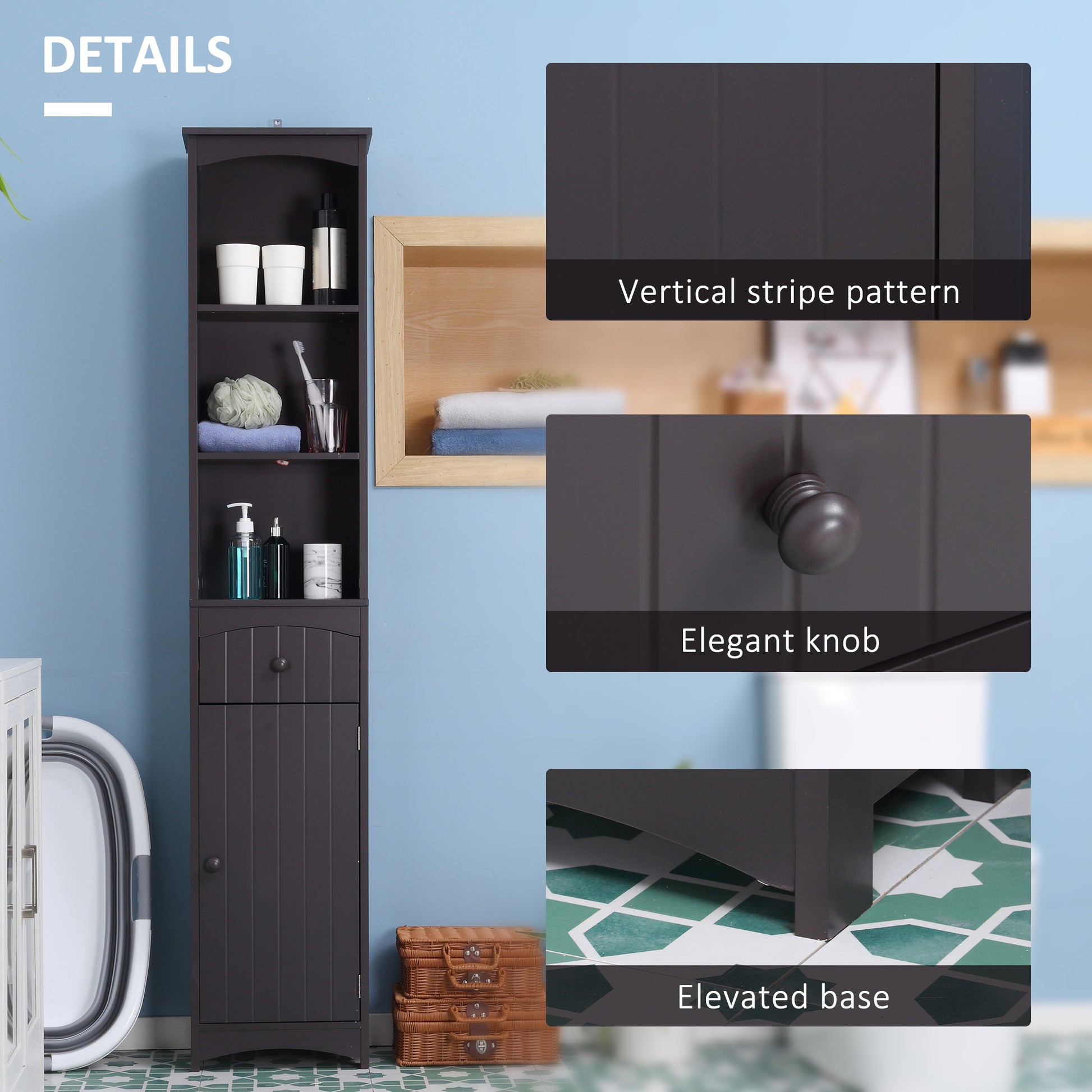Bathroom Storage Cabinet, Free Standing Bathroom Storage Unit, Tall Linen Tower with 3-Tier Shelves and Drawer, Brown