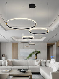 Modern Chandelier Black 3 Ring Chandelier for Living Room High Ceiling Chandelier Light Fixture with Remote Control LED Lights Dimmable 2700-6000K Foyer Light