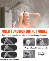 Shower Panel System, 5 Shower Modes, Digital Display Shower Panel Tower, Rainfall, 8 Massage Jets, Tub Spout, 3-Setting Handheld Shower Head 59 Hose, Stainless Steel Wall-Mounted Shower Set