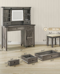 Vanity Desk Set With Mirror And Lights, Cushioned Stool, Storage Drawer, Cabinet, Shelves For Bedroom, Gray - CJDS
