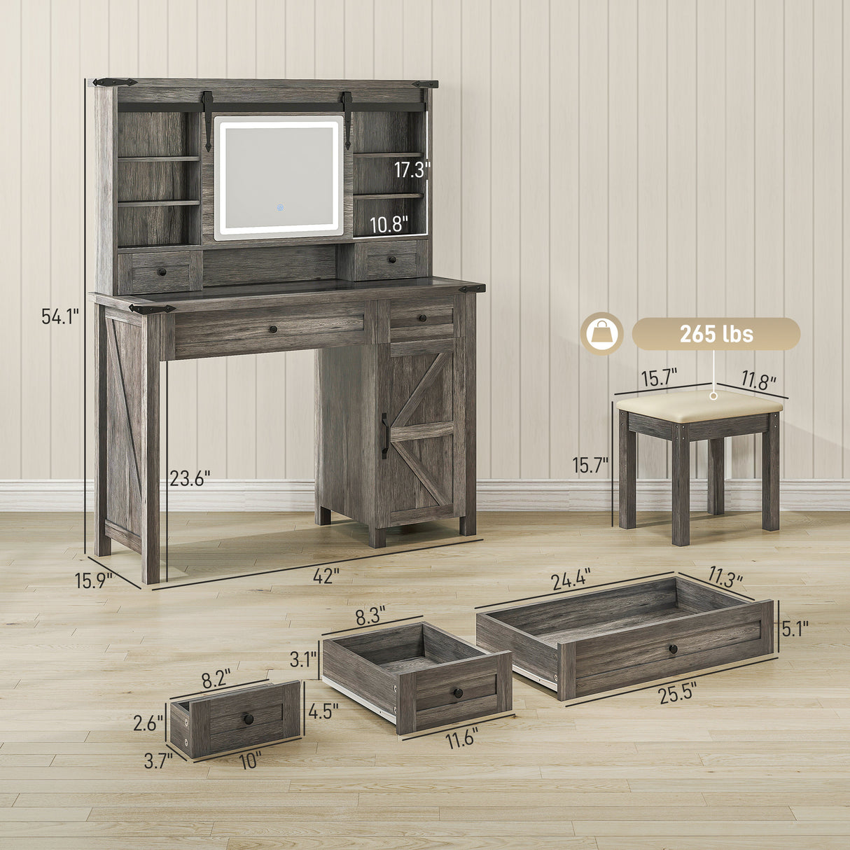 Vanity Desk Set With Mirror And Lights, Cushioned Stool, Storage Drawer, Cabinet, Shelves For Bedroom, Gray - CJDS