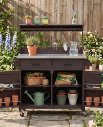 K&K 54.1  Outdoor Kitchen Island With High Shelf, Large Outdoor Potting Bench Table With Stainless Steel Top And Storage Cabinet, Solid Wood Grill Cart With Lockable Wheels For BBQ, Garden, Brown