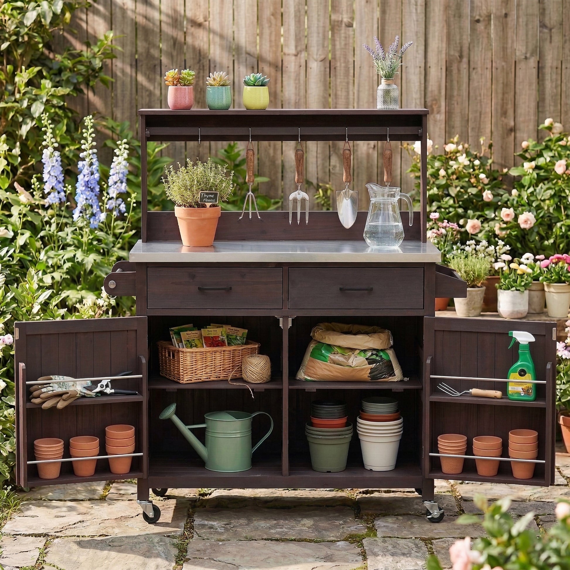 K&K 54.1  Outdoor Kitchen Island With High Shelf, Large Outdoor Potting Bench Table With Stainless Steel Top And Storage Cabinet, Solid Wood Grill Cart With Lockable Wheels For BBQ, Garden, Brown