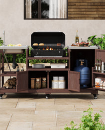 K&K 75.4  Outdoor Kitchen Island With Sink, Solid Wood Outdoor Grill Cart For XL Green Egg Grills, Rolling Outdoor Bar Cart With Stainless Steel Top, For Pizza Prep & BBQ, Brown