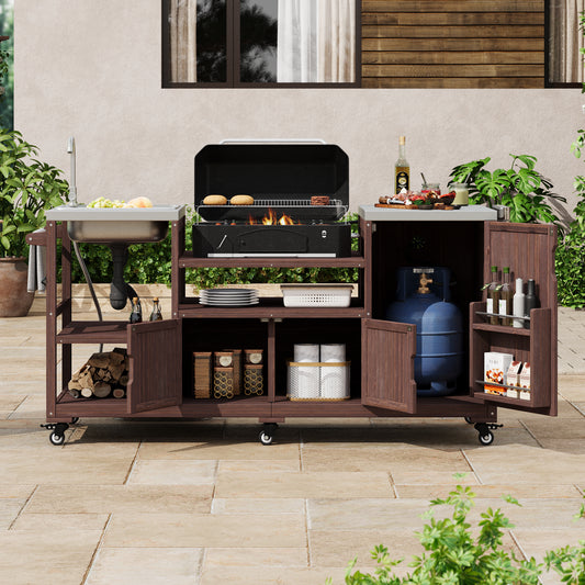 K&K 75.4  Outdoor Kitchen Island With Sink, Solid Wood Outdoor Grill Cart For XL Green Egg Grills, Rolling Outdoor Bar Cart With Stainless Steel Top, For Pizza Prep & BBQ, Brown