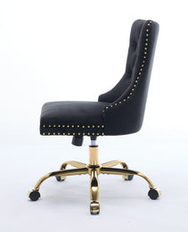 A&A Furniture Office Chair,Modern Velvet Upholstered Tufted Button Home Office Chair With Golden Metal Base,Adjustable Desk Chair Swivel Office Chair Black