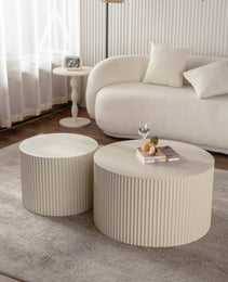 Beige Nesting Coffee Table Set Of 2 Modern Drum Side Table End Table Wave Stripe Round Coffee Table For Living Room