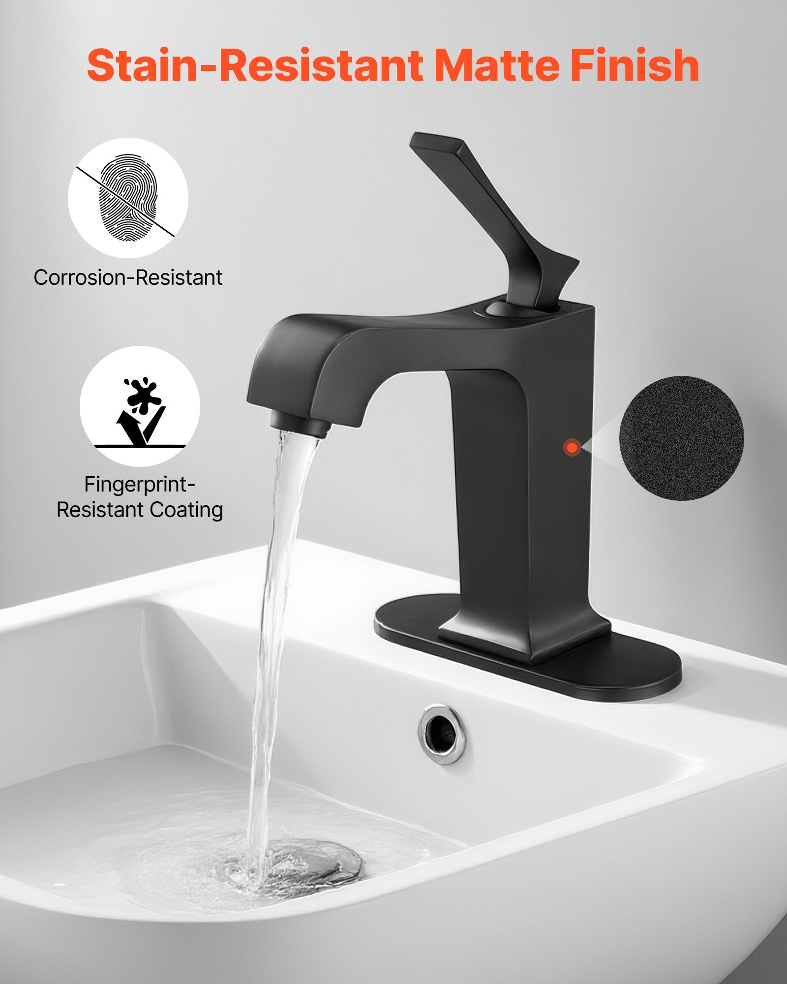 Single Handle Sink Faucet, Matte Black Finish Faucet Kitchen Sink, Kitchen Water Faucets With Push-Button Drain, Suitable For Bathroom, RV, Bar Sink, Public Restroom, Waterfall-Style Spout