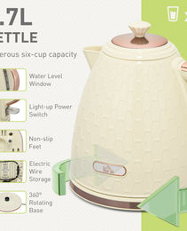 Beige Honeycomb Breakfast Set: 1.7L Rapid-Boil Kettle & 4-Slice Toaster – Designer Matching Duo