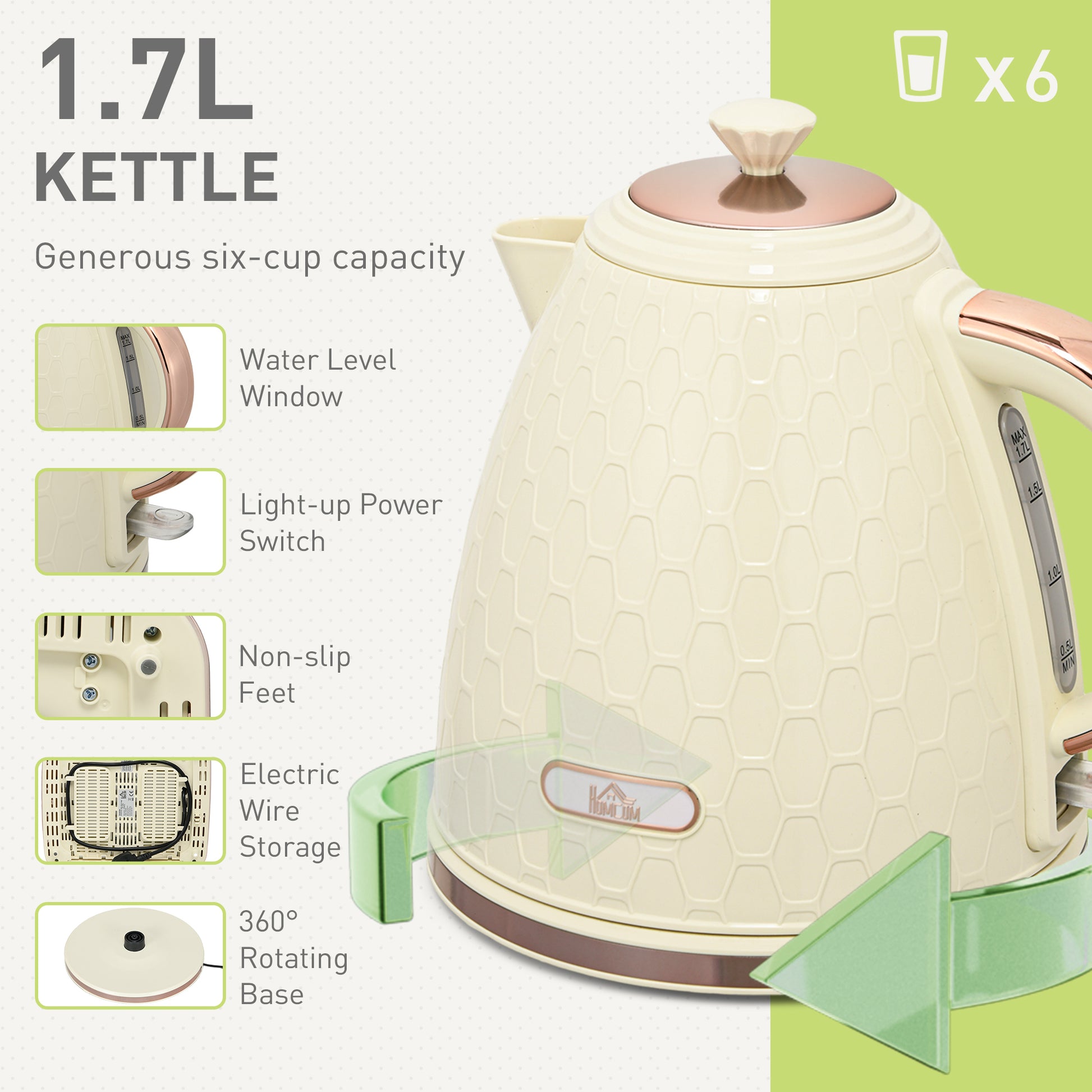 Beige Honeycomb Breakfast Set: 1.7L Rapid-Boil Kettle & 4-Slice Toaster – Designer Matching Duo