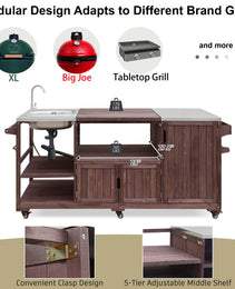 K&K 75.4  Outdoor Kitchen Island With Sink, Solid Wood Outdoor Grill Cart For XL Green Egg Grills, Rolling Outdoor Bar Cart With Stainless Steel Top, For Pizza Prep & BBQ, Brown