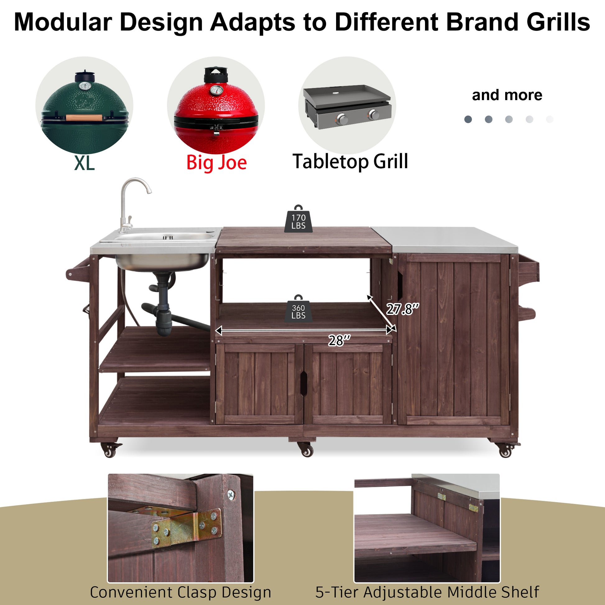 K&K 75.4  Outdoor Kitchen Island With Sink, Solid Wood Outdoor Grill Cart For XL Green Egg Grills, Rolling Outdoor Bar Cart With Stainless Steel Top, For Pizza Prep & BBQ, Brown