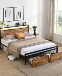 Queen Size Bed Frame With Storage Headboard And 2 Drawers, LED Lights Bed With Charging Station