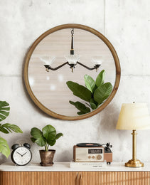 Round Wood Framed Wall Mirror, 27.56  Natural Wooden Circle Mirror For Bathroom, Bedroom, Entryway, Mid-Century Modern Decorative Mirror