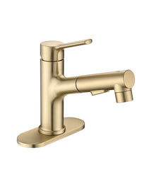 Bathroom Sink Faucet With Pull Out Sprayer, Single Handle Modern Bathroom Basin Faucet With Pop-up Sink Drain Stopper & Deck Plate,Brushed Gold
