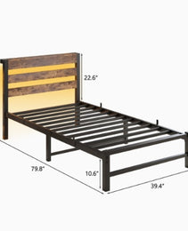 Twin Size Bed Frame Heavy Duty Platform Bed Frame With Headboard, USB Charging Station, LED Bed, No Box Spring Needed, Mattress Foundation, Strong Steel Slats, Noise Free, Brown