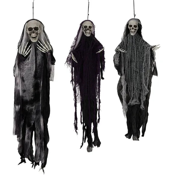 Three hanging skeleton ghost Halloween decorations
