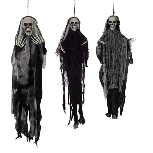 Three hanging skeleton ghost Halloween decorations
