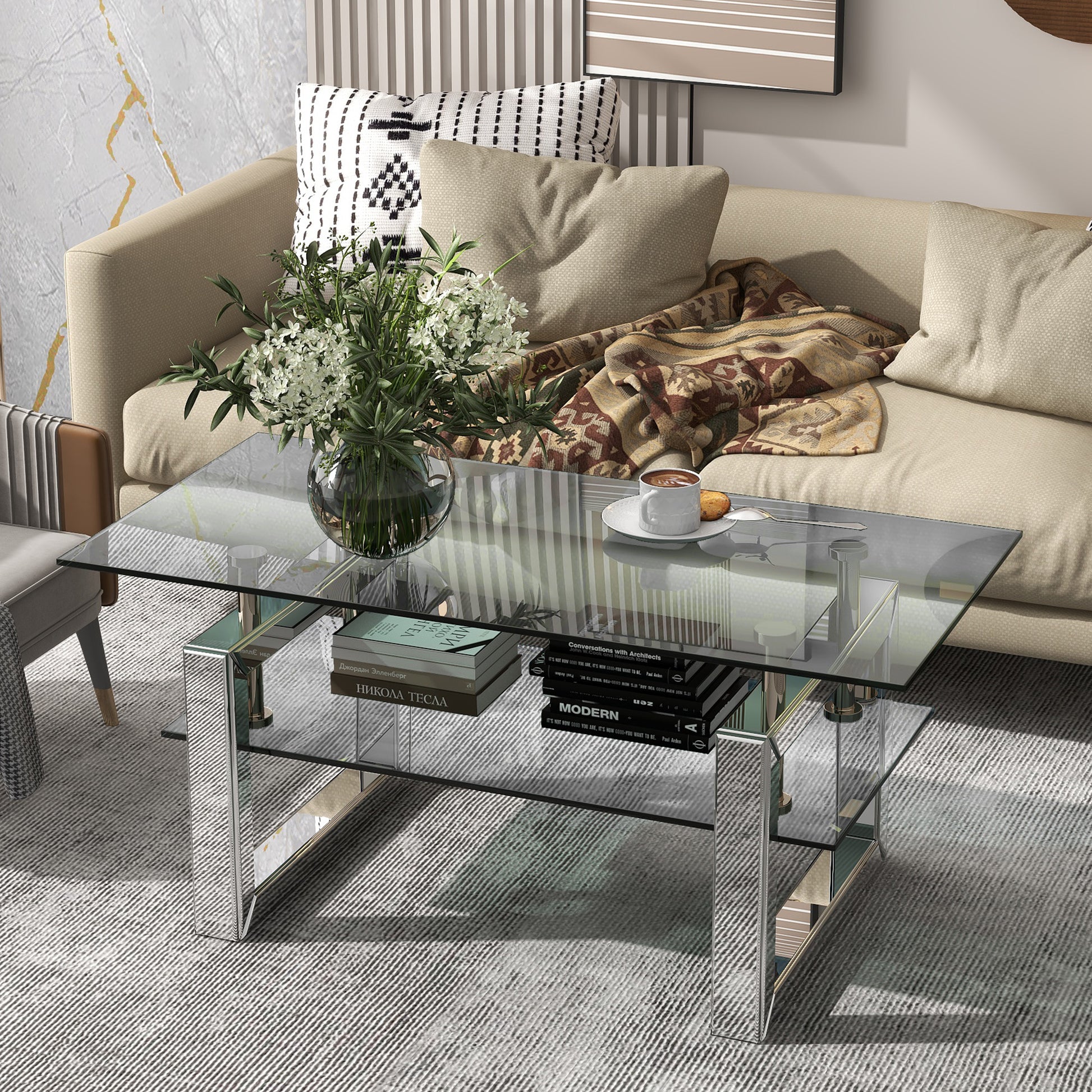 W 39.4X D 19.7  X H 17.7 Transparent Tempered Glass Coffee Table, Coffee Table