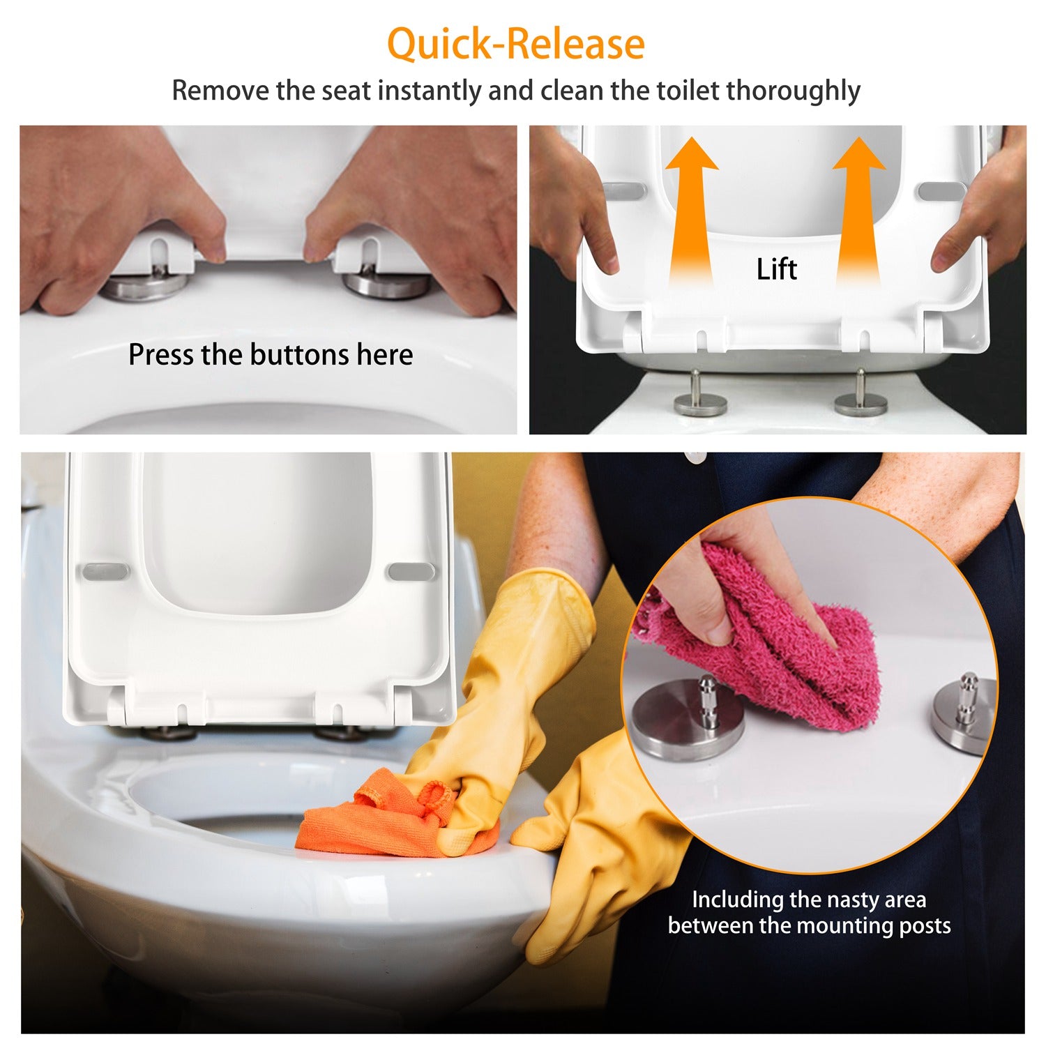 Square Toilet Seat – Quiet-Close Heavy-Duty Seat with Quick-Release & Grip-Tight Bumpers (White)