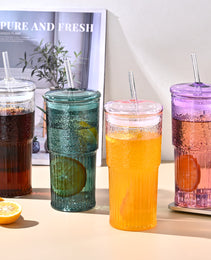 20 Oz 2-pack Purple Glass Straw Cup With Vertical Pattern Cup And Lid, High Borosilicate Heat-resistant Glass Cup For Juice, Milk And Cold Drinks