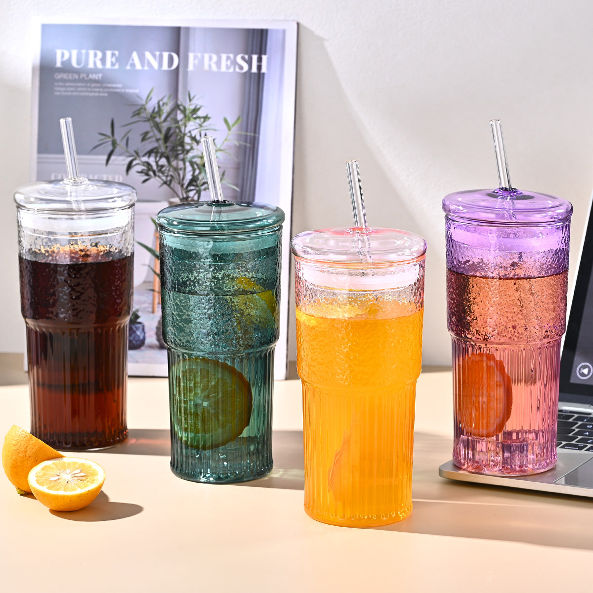 20 Oz 2-pack Purple Glass Straw Cup With Vertical Pattern Cup And Lid, High Borosilicate Heat-resistant Glass Cup For Juice, Milk And Cold Drinks