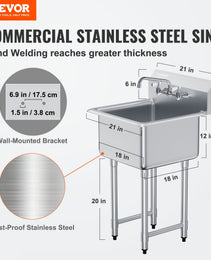 Stainless Steel Prep & Utility Sink – Commercial Single Bowl Free-Standing Station with Faucet & Adjustable Legs