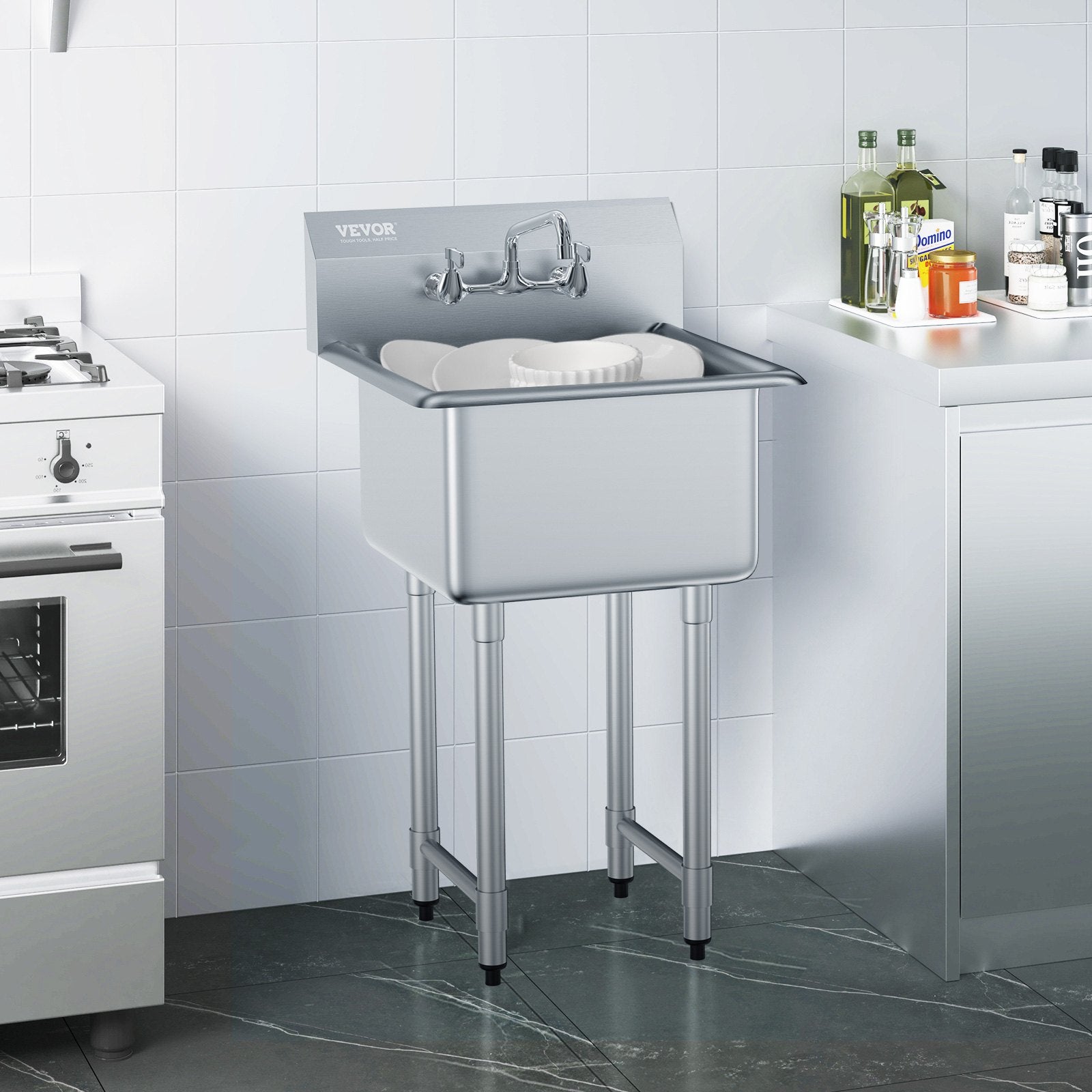 Stainless Steel Prep & Utility Sink – Commercial Single Bowl Free-Standing Station with Faucet & Adjustable Legs