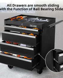 Tool Storage Cabinet And Cart 27Inch Metal Tool Cabinet With 4 Drawer,Rolling Wheel, Ball Bearing Sliders, Black Powder Coating, Suitable For Garage, Warehouse, Workshop
