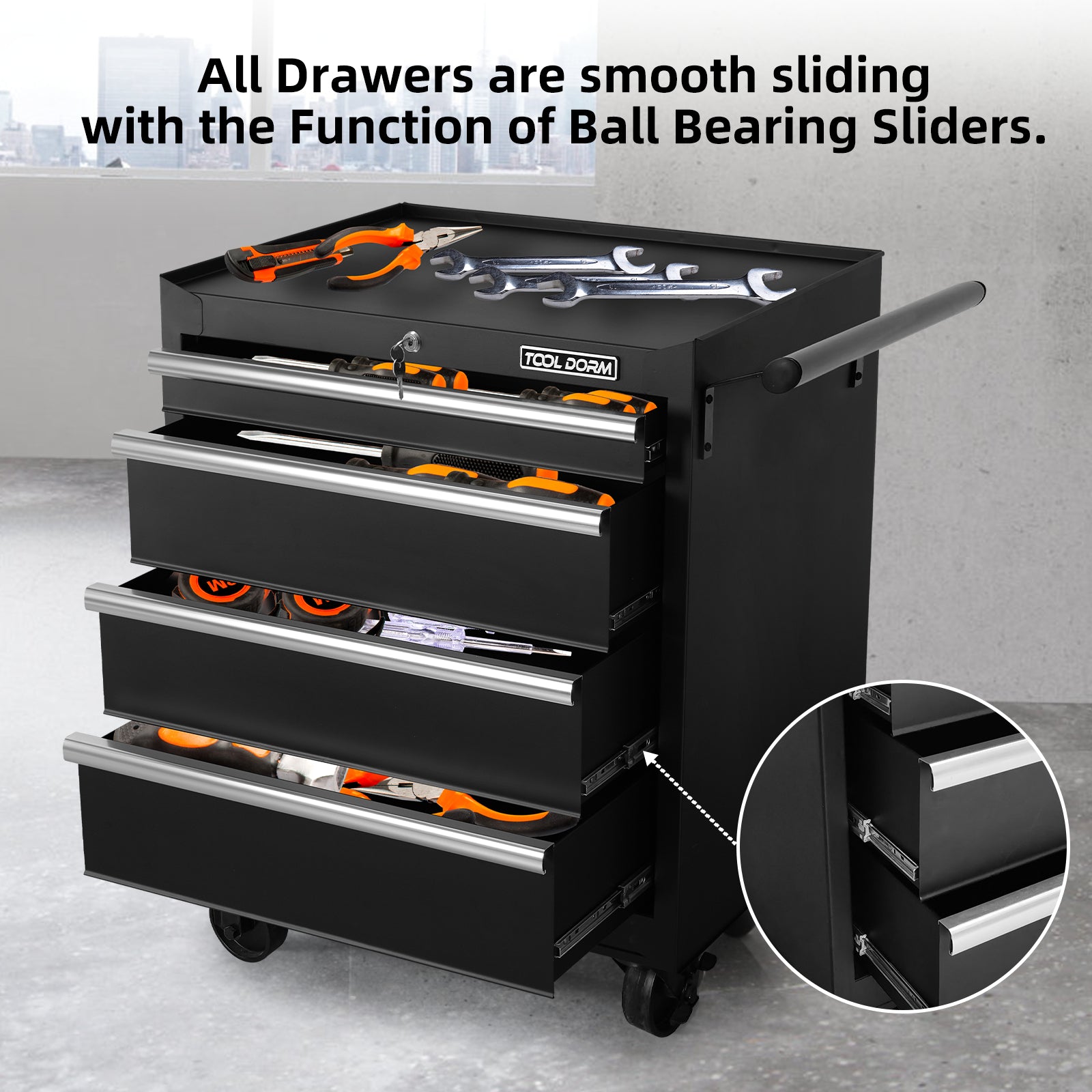 Tool Storage Cabinet And Cart 27Inch Metal Tool Cabinet With 4 Drawer,Rolling Wheel, Ball Bearing Sliders, Black Powder Coating, Suitable For Garage, Warehouse, Workshop