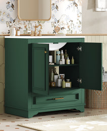 30 Luxurious Bathroom Vanity With Ceramic Sink, Bathroom Vanities Cabinet With 2 Large Soft Closing Doors, Solid Wood Frame Bathroom Storage Cabinet
