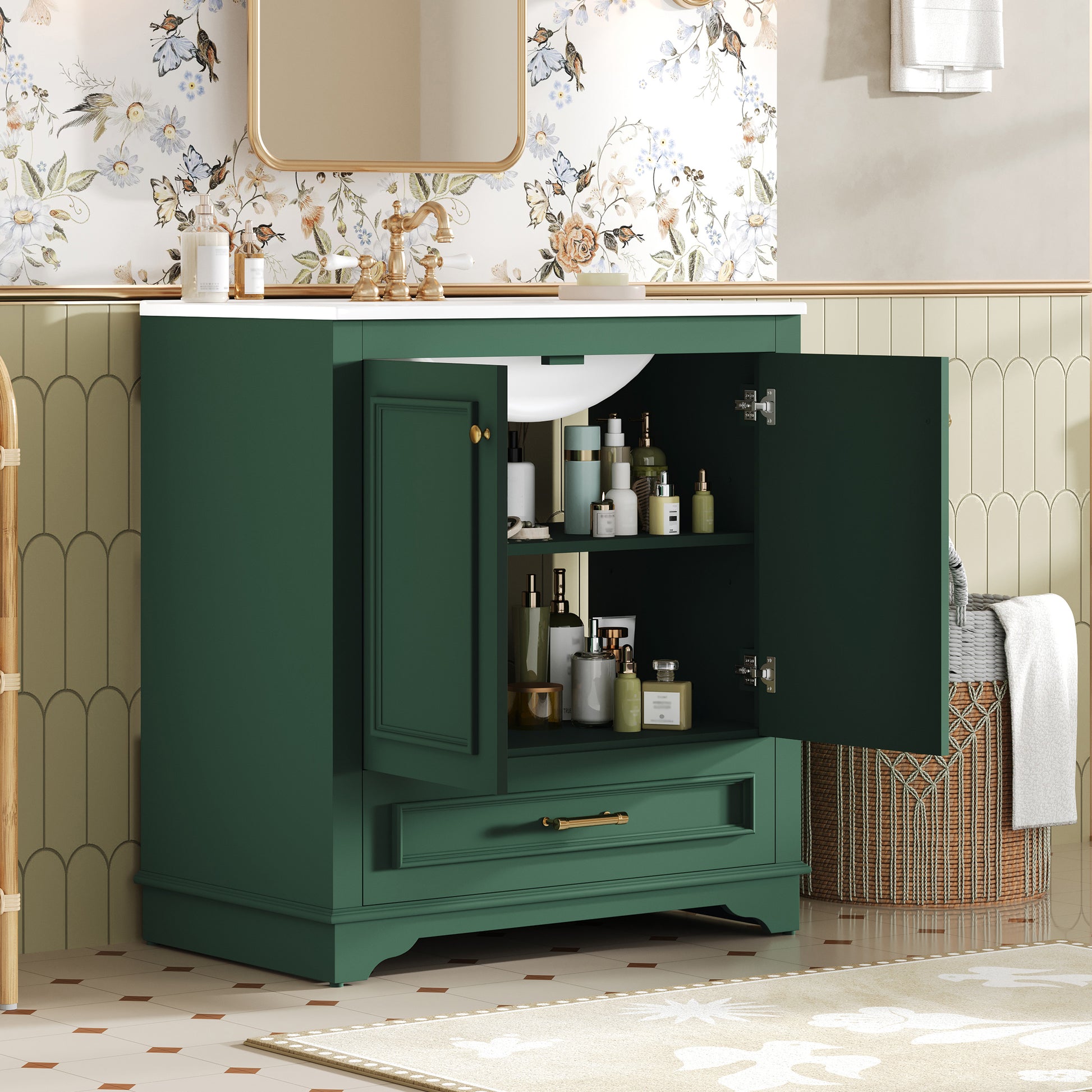 30 Luxurious Bathroom Vanity With Ceramic Sink, Bathroom Vanities Cabinet With 2 Large Soft Closing Doors, Solid Wood Frame Bathroom Storage Cabinet