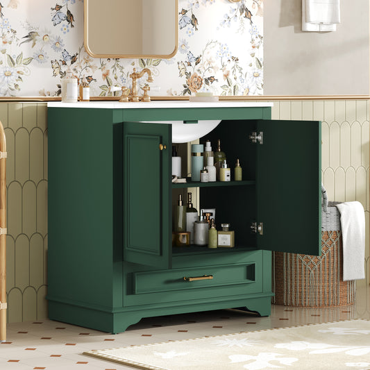 30 Luxurious Bathroom Vanity With Ceramic Sink, Bathroom Vanities Cabinet With 2 Large Soft Closing Doors, Solid Wood Frame Bathroom Storage Cabinet