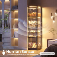 Corner Display Cabinet for Living Room, Tempered Glass Doors LED Lights, White Finish, Space-Saving Design