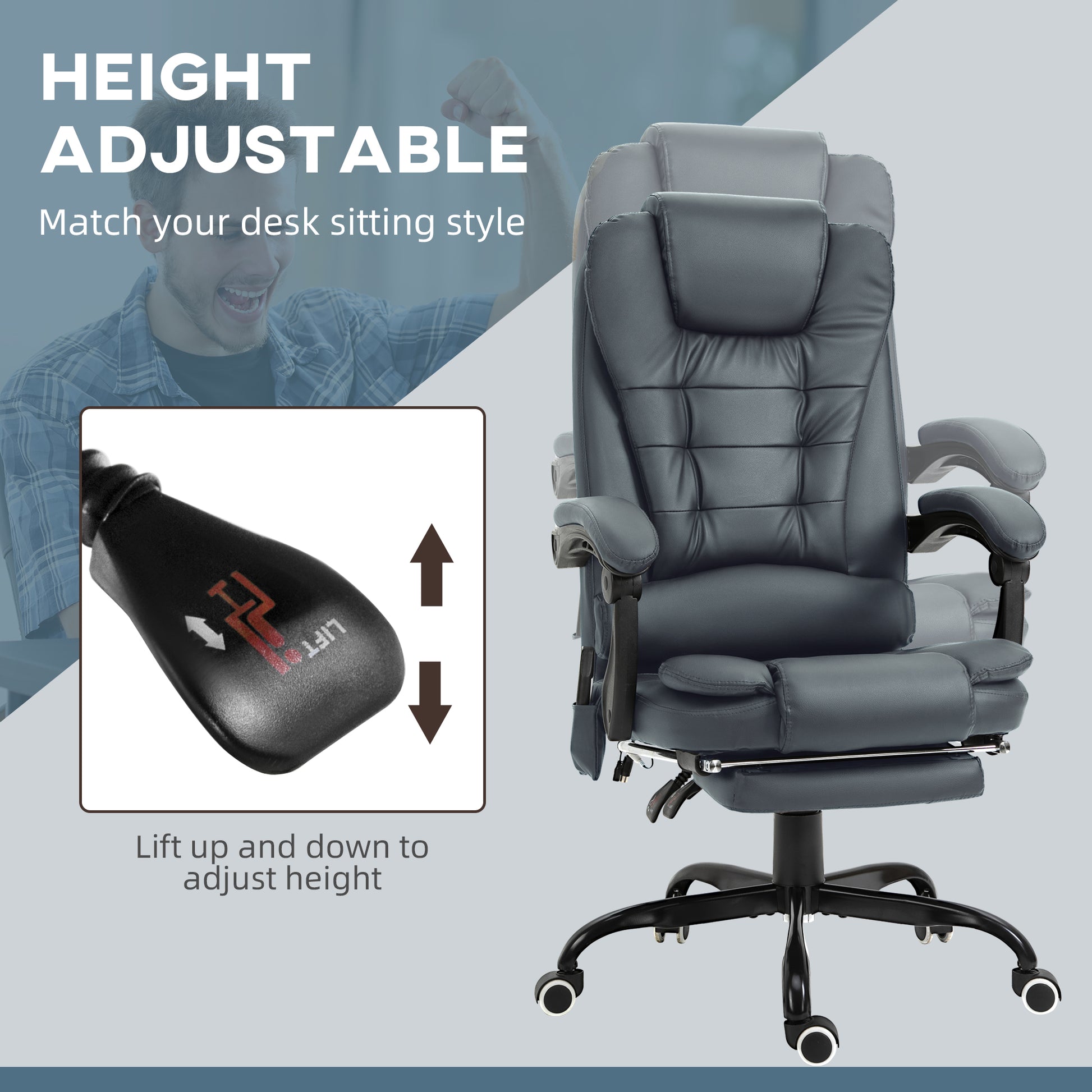 7-Point Vibrating Massage Office Chair High Back Massaging Office Desk Chair with Lumbar Support, Footrest, Blue