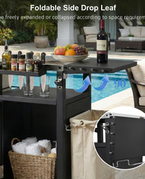 K&K 33.9  Outdoor Grill Cart With Drop Leaf, Outdoor Metal Bar Cart Pizza Oven Table With Wheels, Stainless Steel Top, Outdoor Kitchen Island With Storage Cabinet & Spice & Paper Rack For BBQ, Waterpr